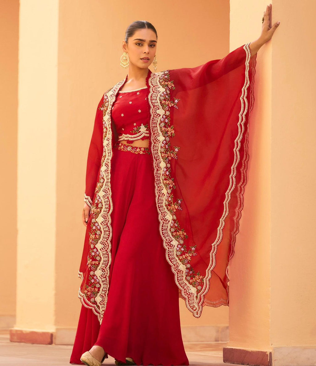 Premium Chinon & Organza Silk Designer Plazzo Set with Stylish Shrug