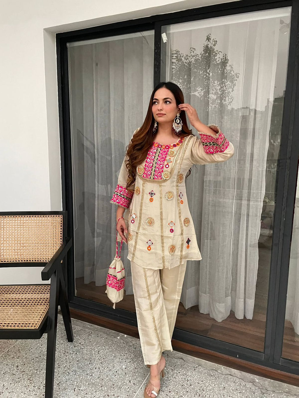 Designer Cos Moss Kurti Plazzo Set with Potli Bag