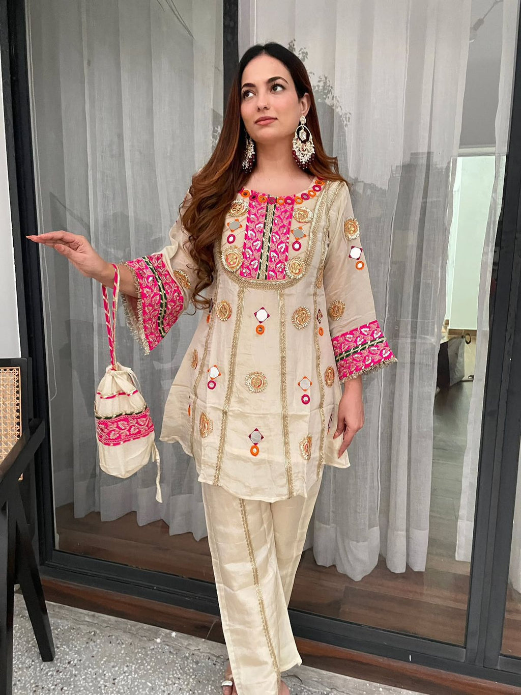 Designer Cos Moss Kurti Plazzo Set with Potli Bag