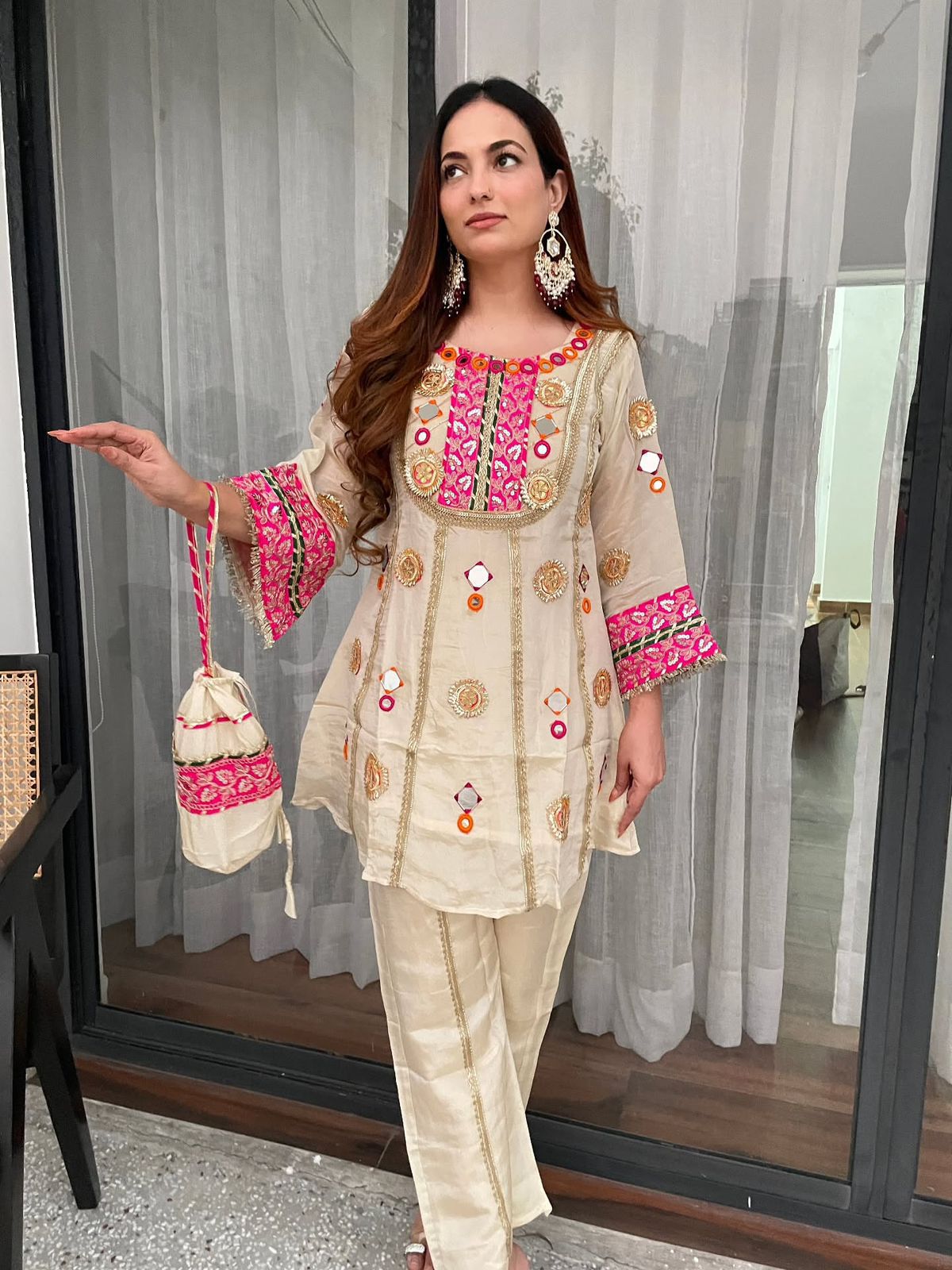 Designer Cos Moss Kurti Plazzo Set with Potli Bag
