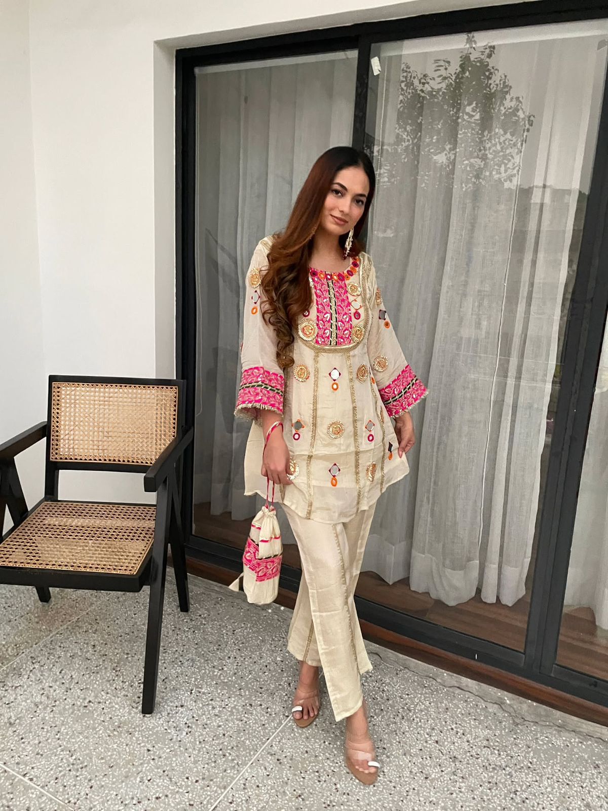 Designer Cos Moss Kurti Plazzo Set with Potli Bag