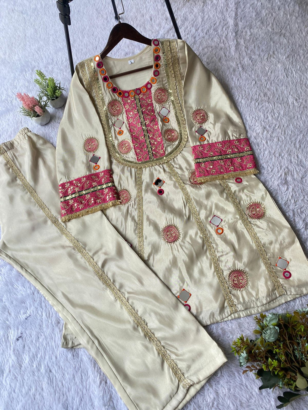 Designer Cos Moss Kurti Plazzo Set with Potli Bag