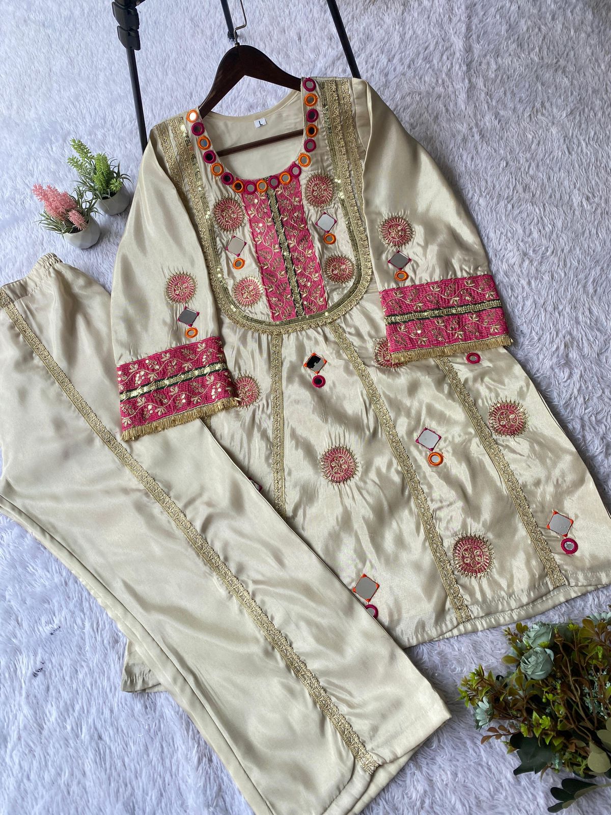 Designer Cos Moss Kurti Plazzo Set with Potli Bag