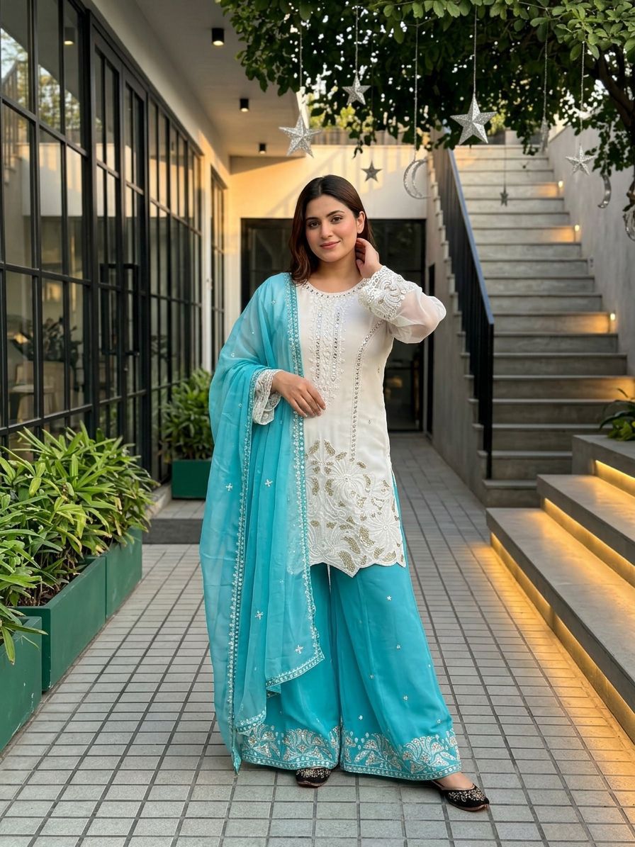 Luxury Faux Georgette Palazzo Suit with Pearl Handwork