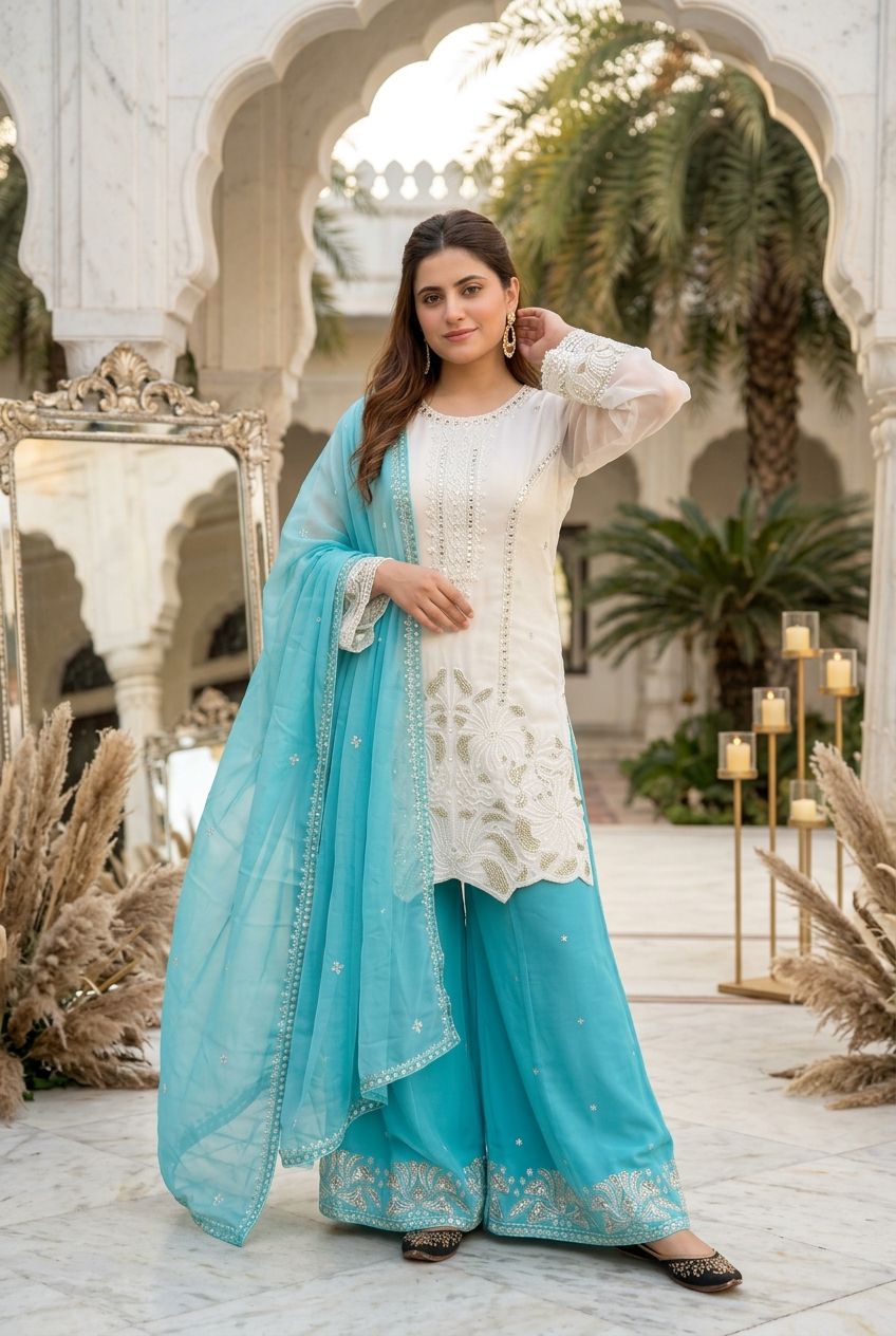 Luxury Faux Georgette Palazzo Suit with Pearl Handwork