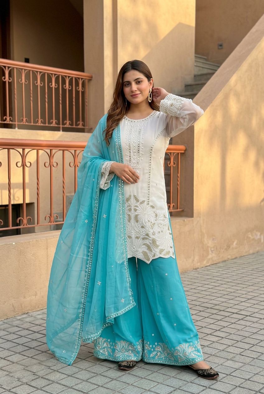 Luxury Faux Georgette Palazzo Suit with Pearl Handwork