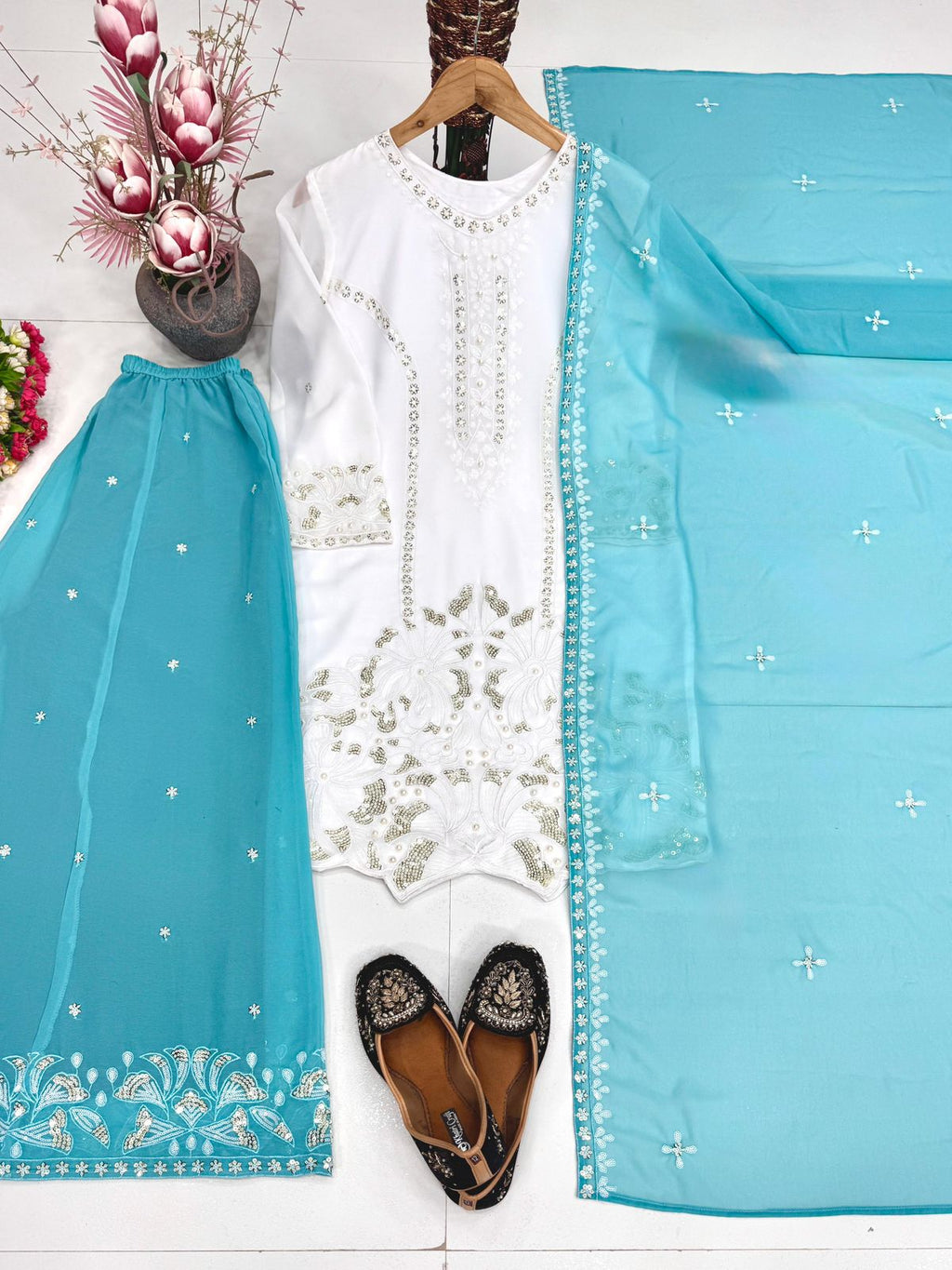 Luxury Faux Georgette Palazzo Suit with Pearl Handwork