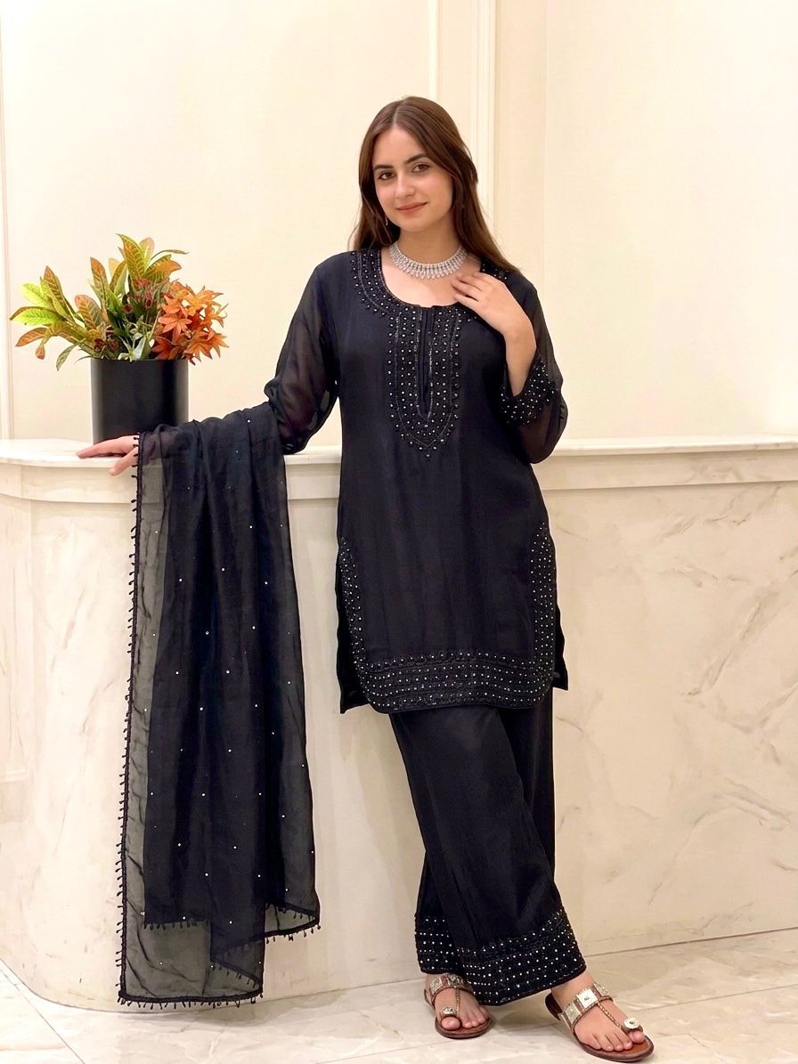 Elegant Fandy Silk Suit Set with Beads Embroidery Work