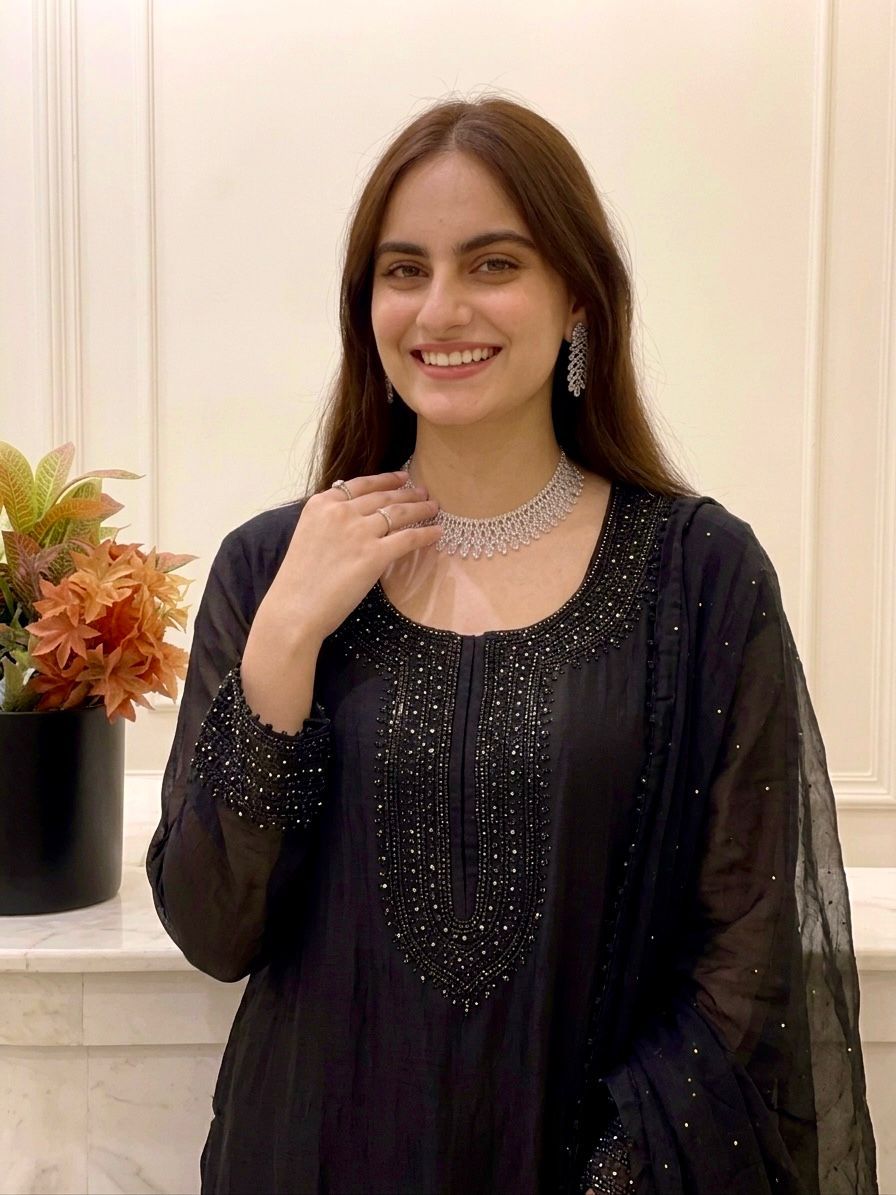 Elegant Fandy Silk Suit Set with Beads Embroidery Work