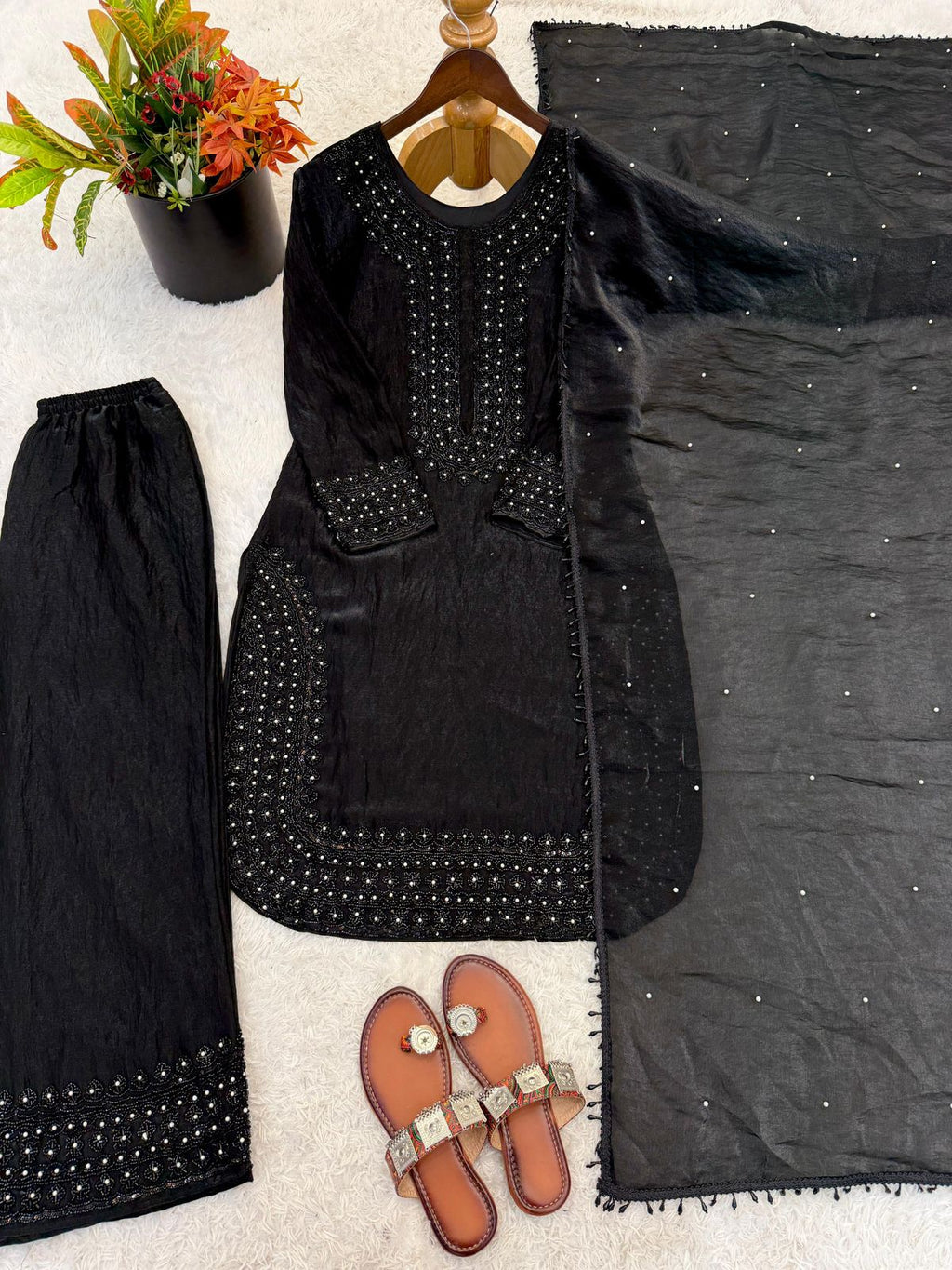 Elegant Fandy Silk Suit Set with Beads Embroidery Work