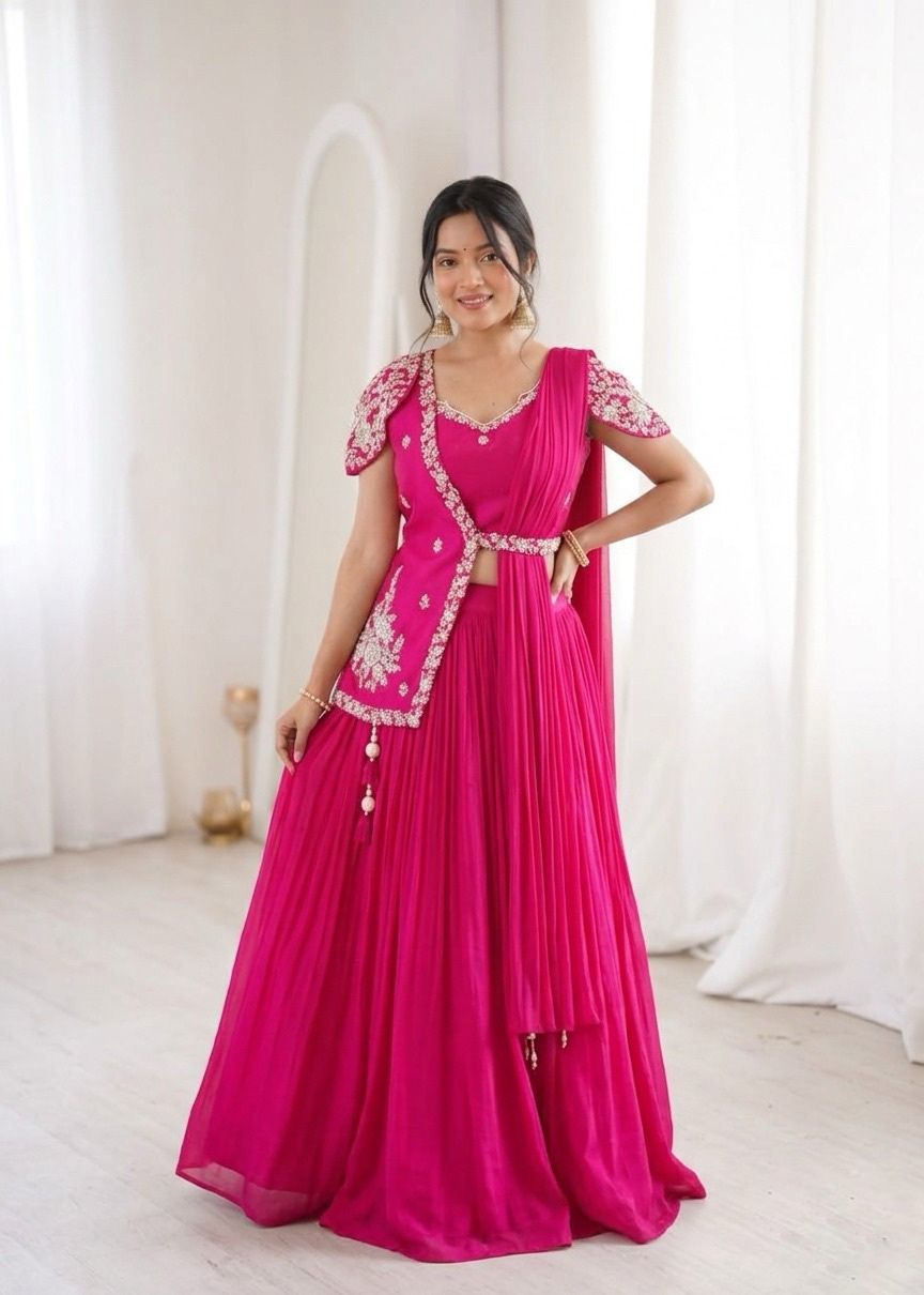 Royal Chinon Lehenga Set with Embroidered Jacket Blouse