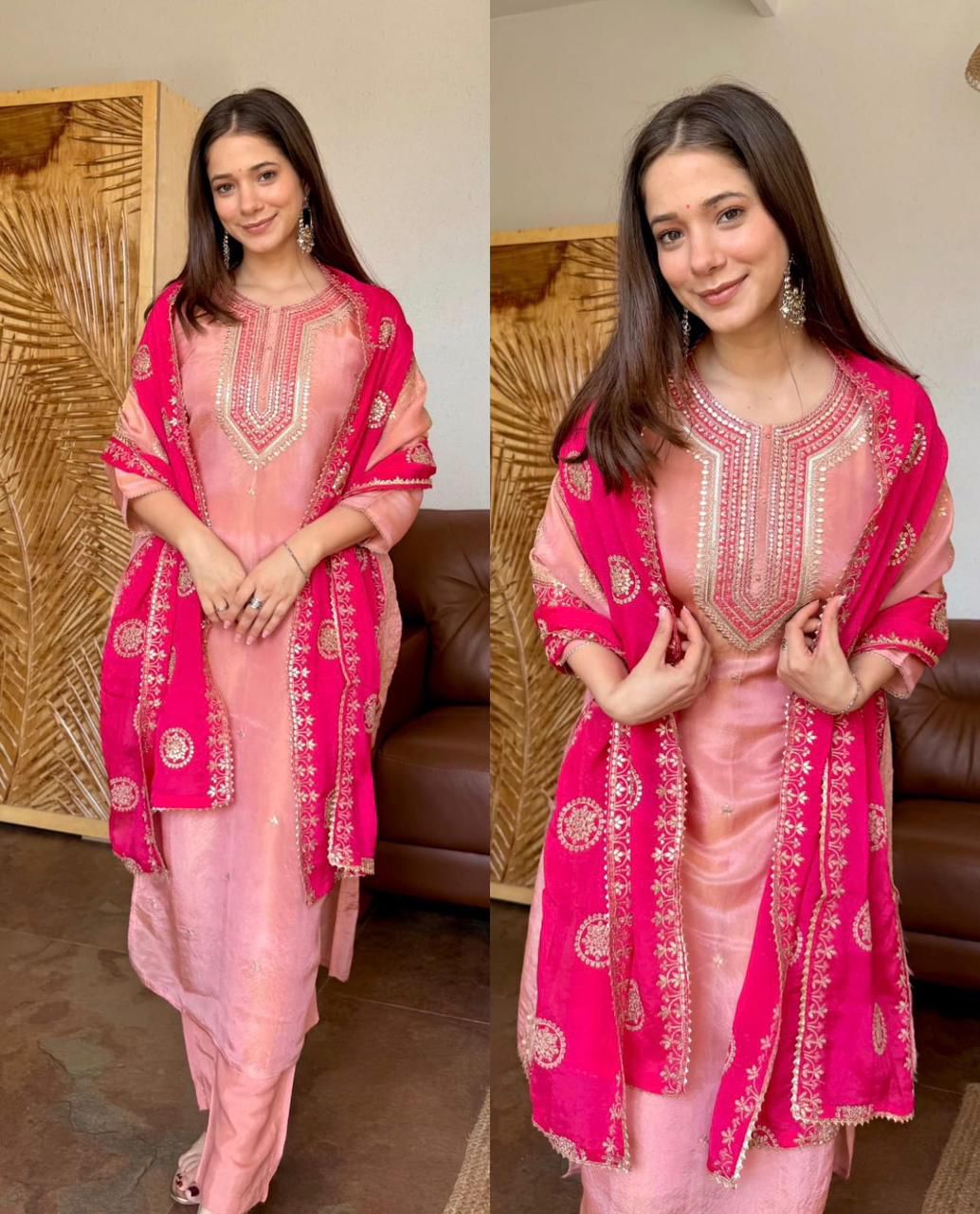 Elegant Fendy Silk Suit Set with Embroidery Sequence Work