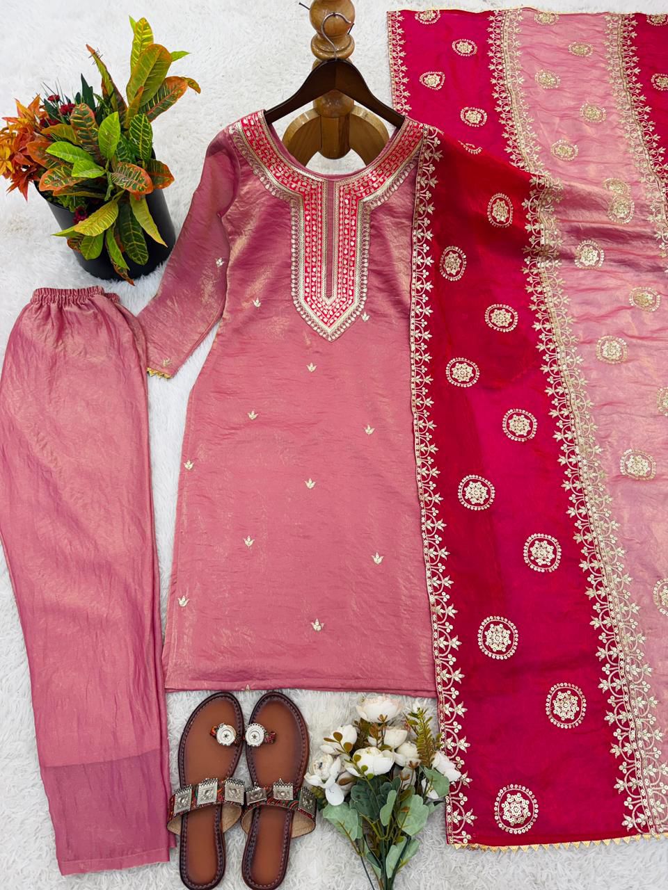 Elegant Fendy Silk Suit Set with Embroidery Sequence Work