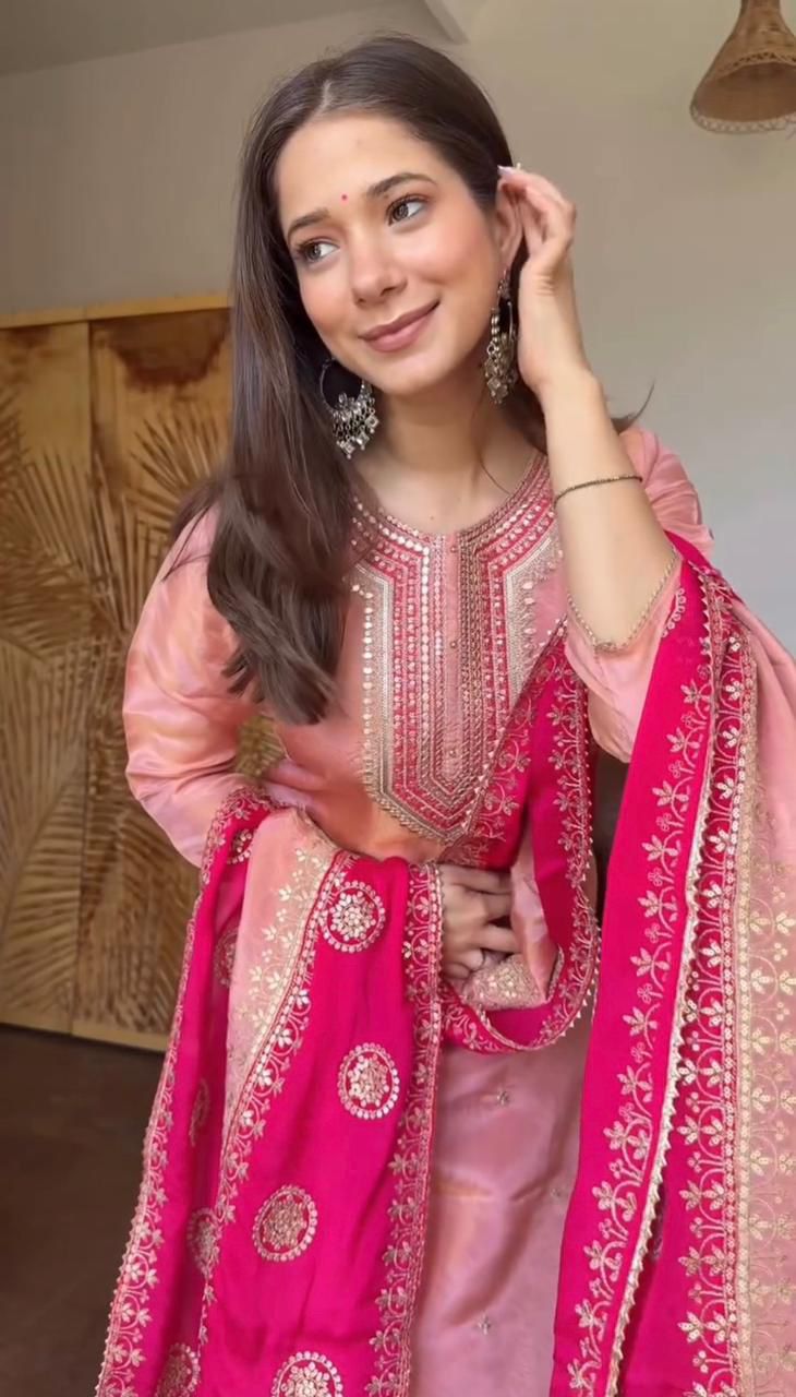 Elegant Fendy Silk Suit Set with Embroidery Sequence Work