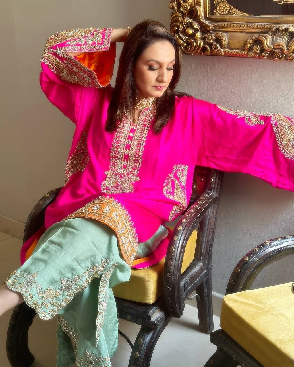 Elegant Heavy Chinon Palazzo Suit with Sequence Embroidery