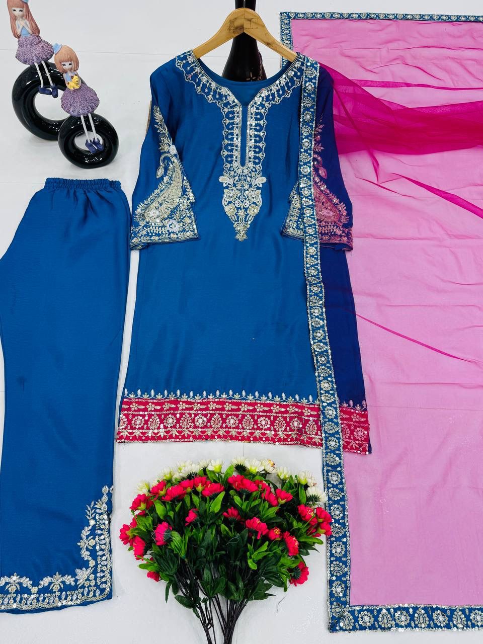 Elegant Heavy Chinon Palazzo Suit with Sequence Embroidery