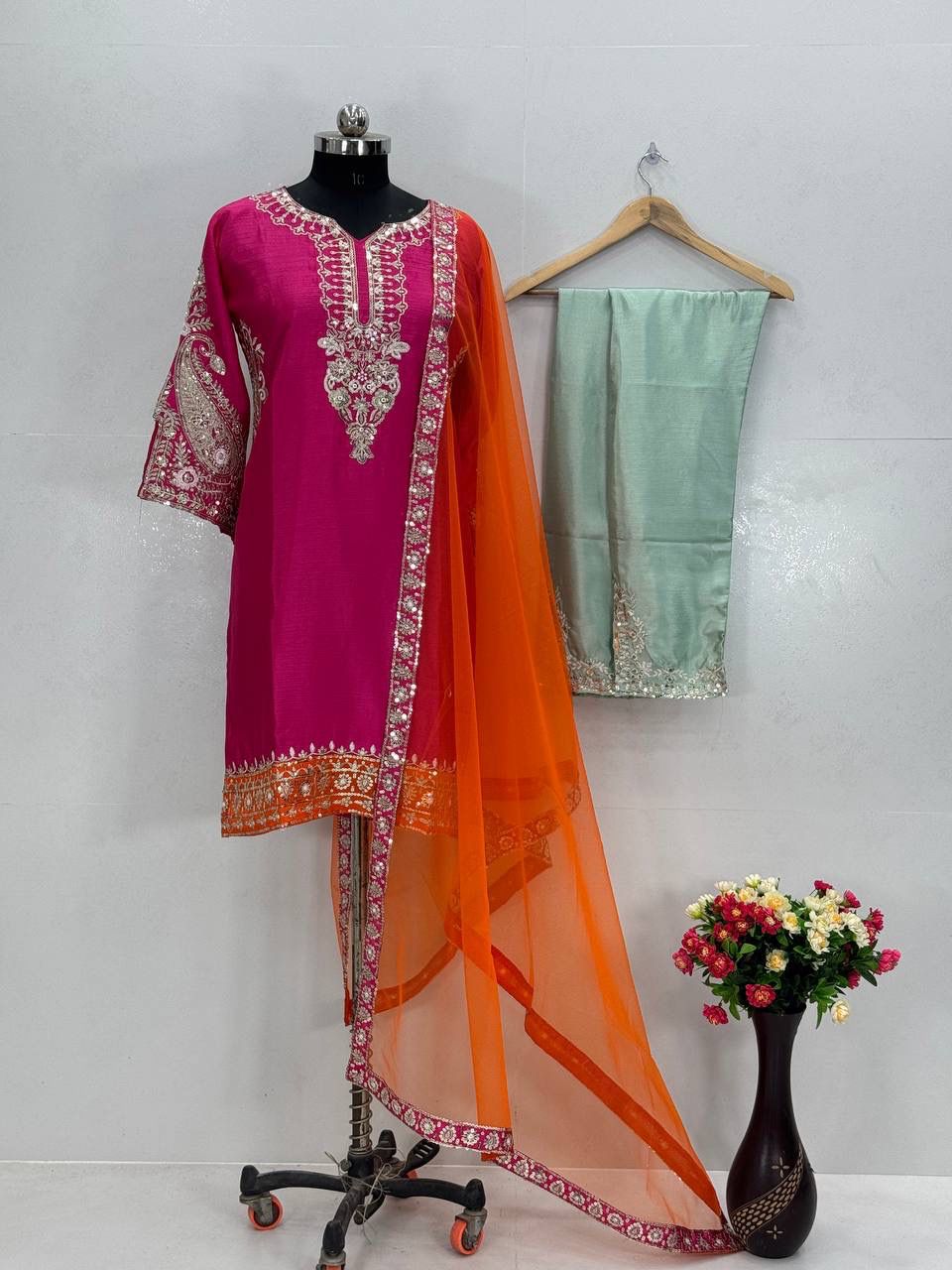 Elegant Heavy Chinon Palazzo Suit with Sequence Embroidery