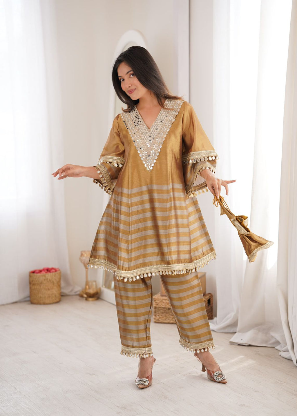 Designer Two-Tone Tissue Co-Ord Set with Batwa Bag
