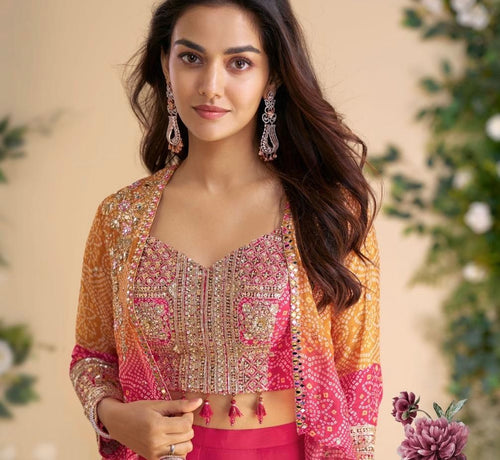 Designer Chinon Silk Ethnic Set with Embroidered Shrug Sleeves
