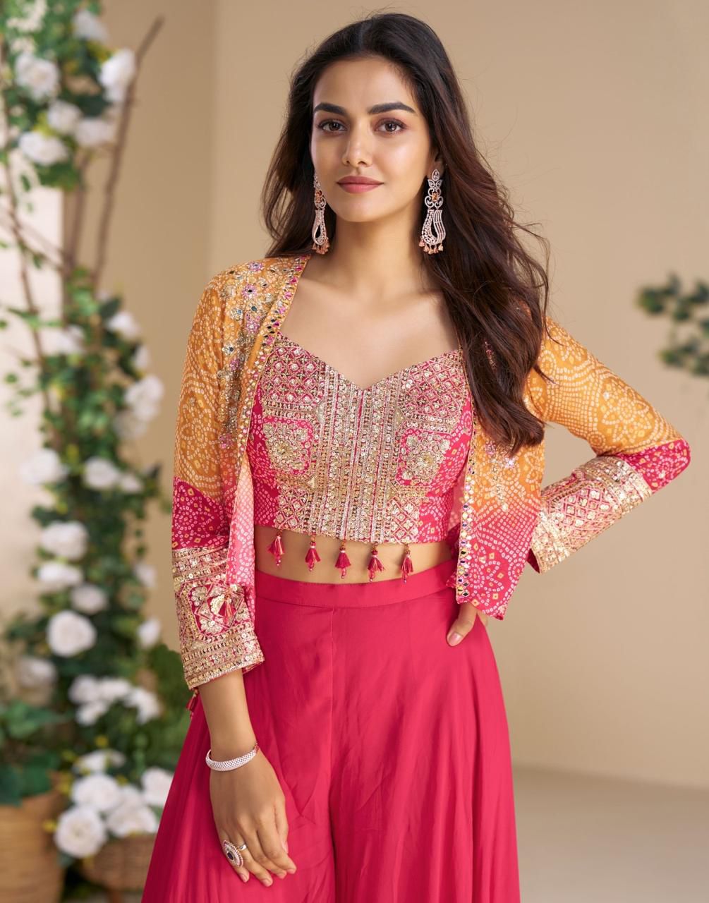 Designer Chinon Silk Ethnic Set with Embroidered Shrug Sleeves