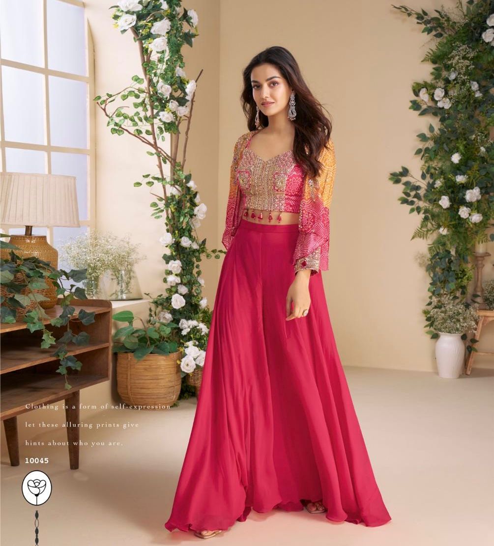 Designer Chinon Silk Ethnic Set with Embroidered Shrug Sleeves