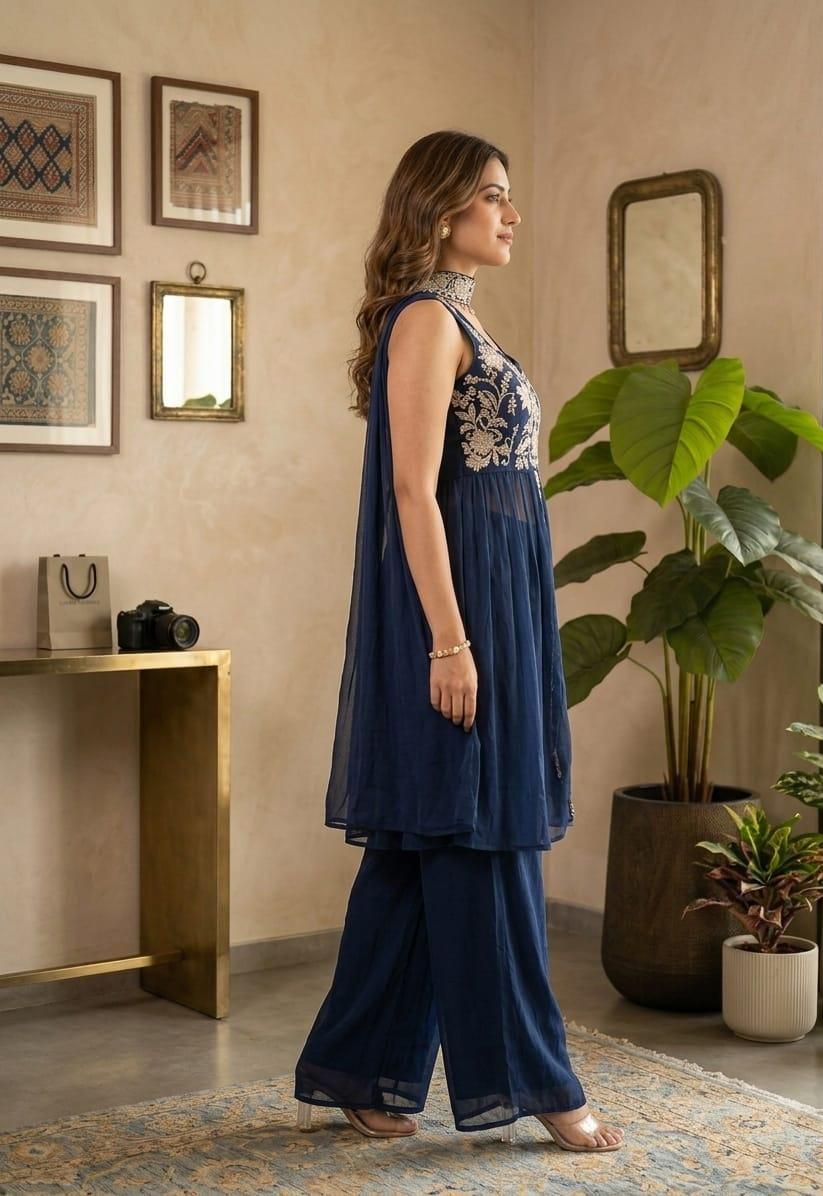 Elegant Navy Blue Rangoli Crush Palazzo Set