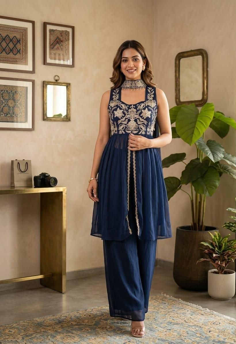 Elegant Navy Blue Rangoli Crush Palazzo Set