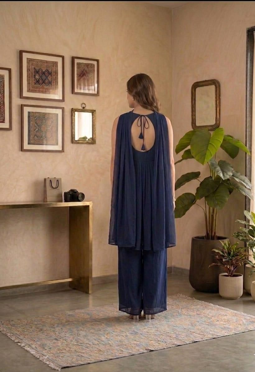 Elegant Navy Blue Rangoli Crush Palazzo Set