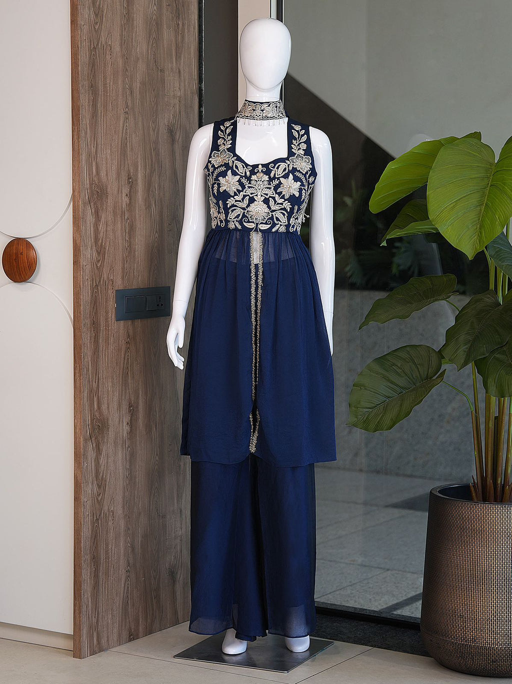 Elegant Navy Blue Rangoli Crush Palazzo Set