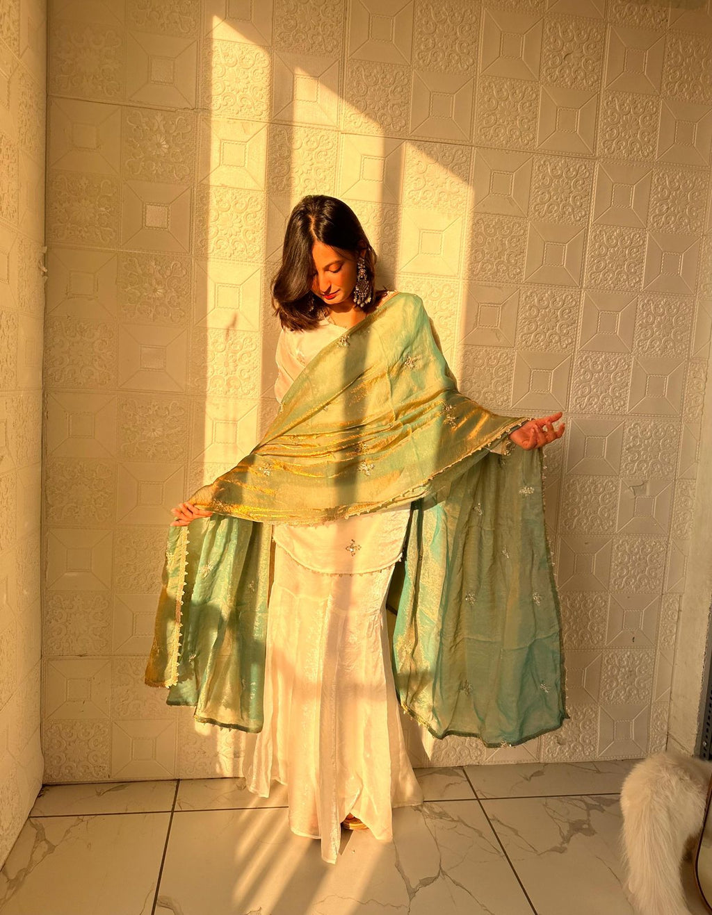 Stylish Women’s Sharara Suit with Elegant Lace Border