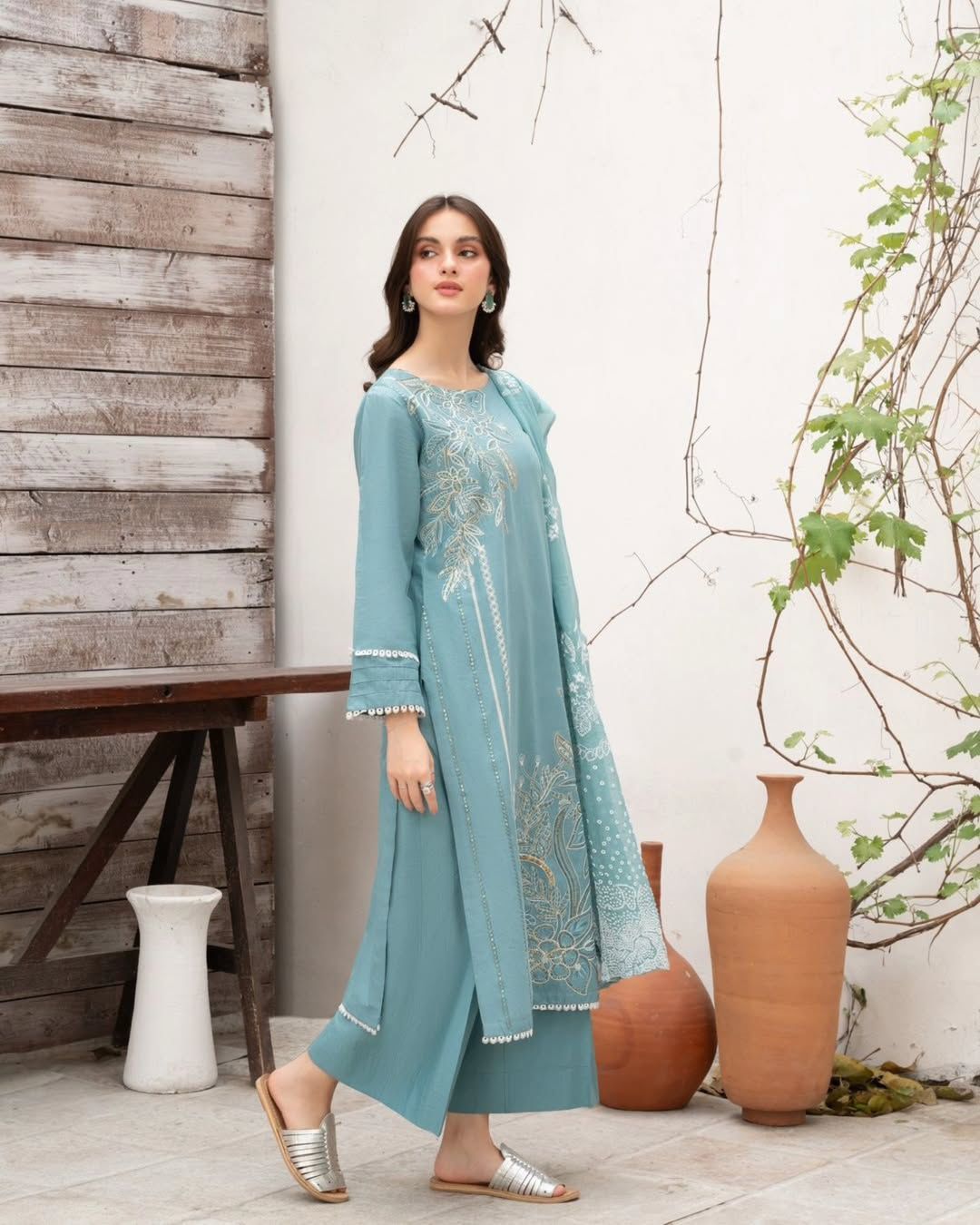 Designer Roman Silk Kurti Palazzo Set for Women