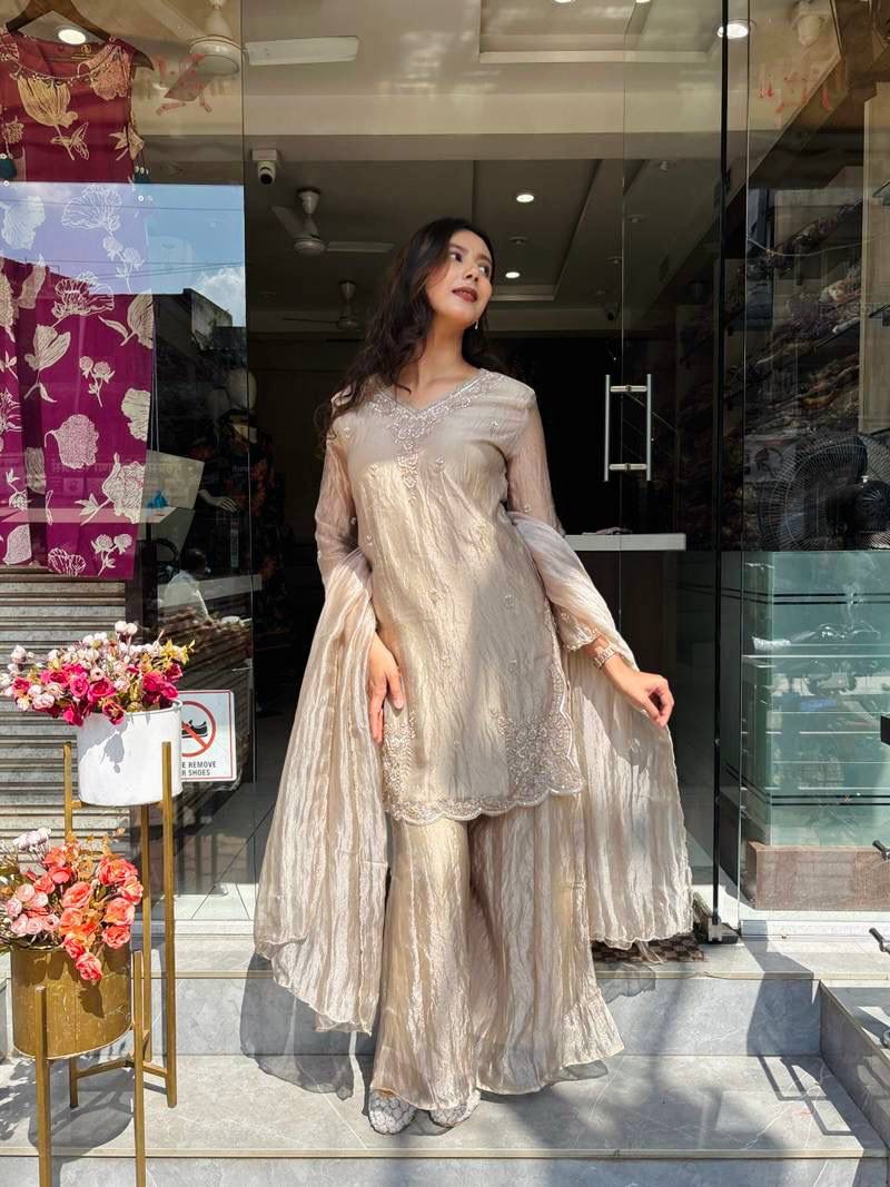 Elegant Heavy Tissue Silk Palazzo Suit