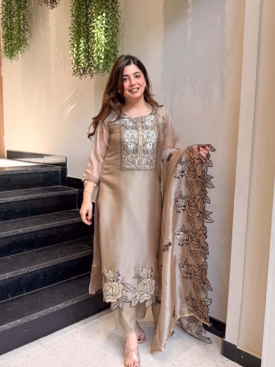 Elegant JMC Silk Suit Set with Intricate Thread Work