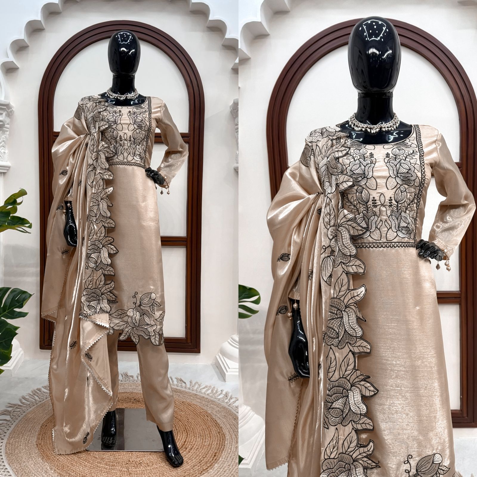 Elegant JMC Silk Suit Set with Intricate Thread Work