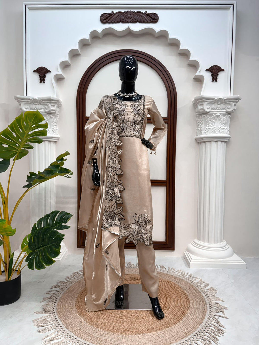 Elegant JMC Silk Suit Set with Intricate Thread Work