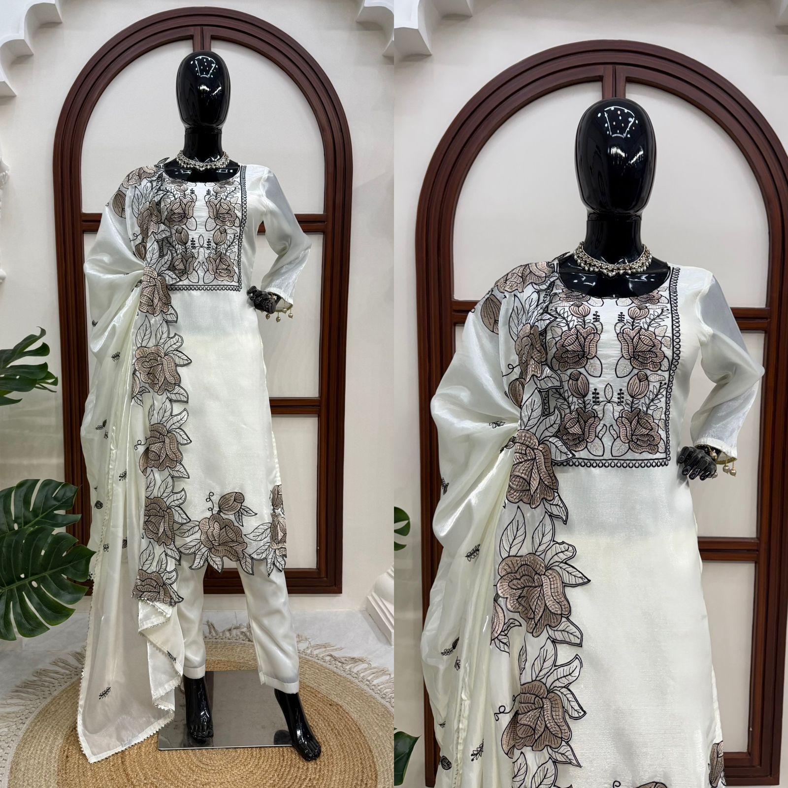 Elegant JMC Silk Suit Set with Intricate Thread Work