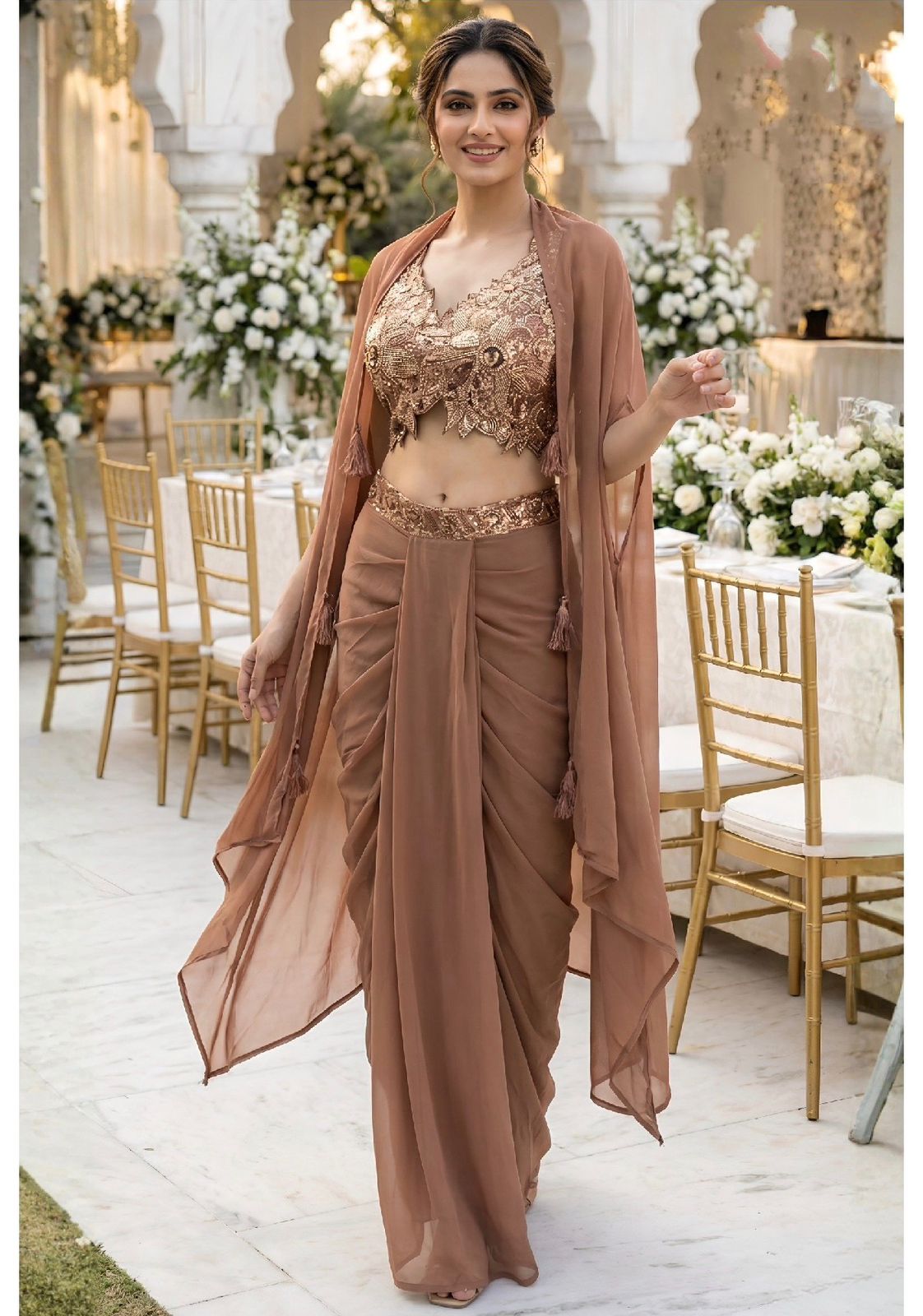 Mocha Glam Draped Saree Set