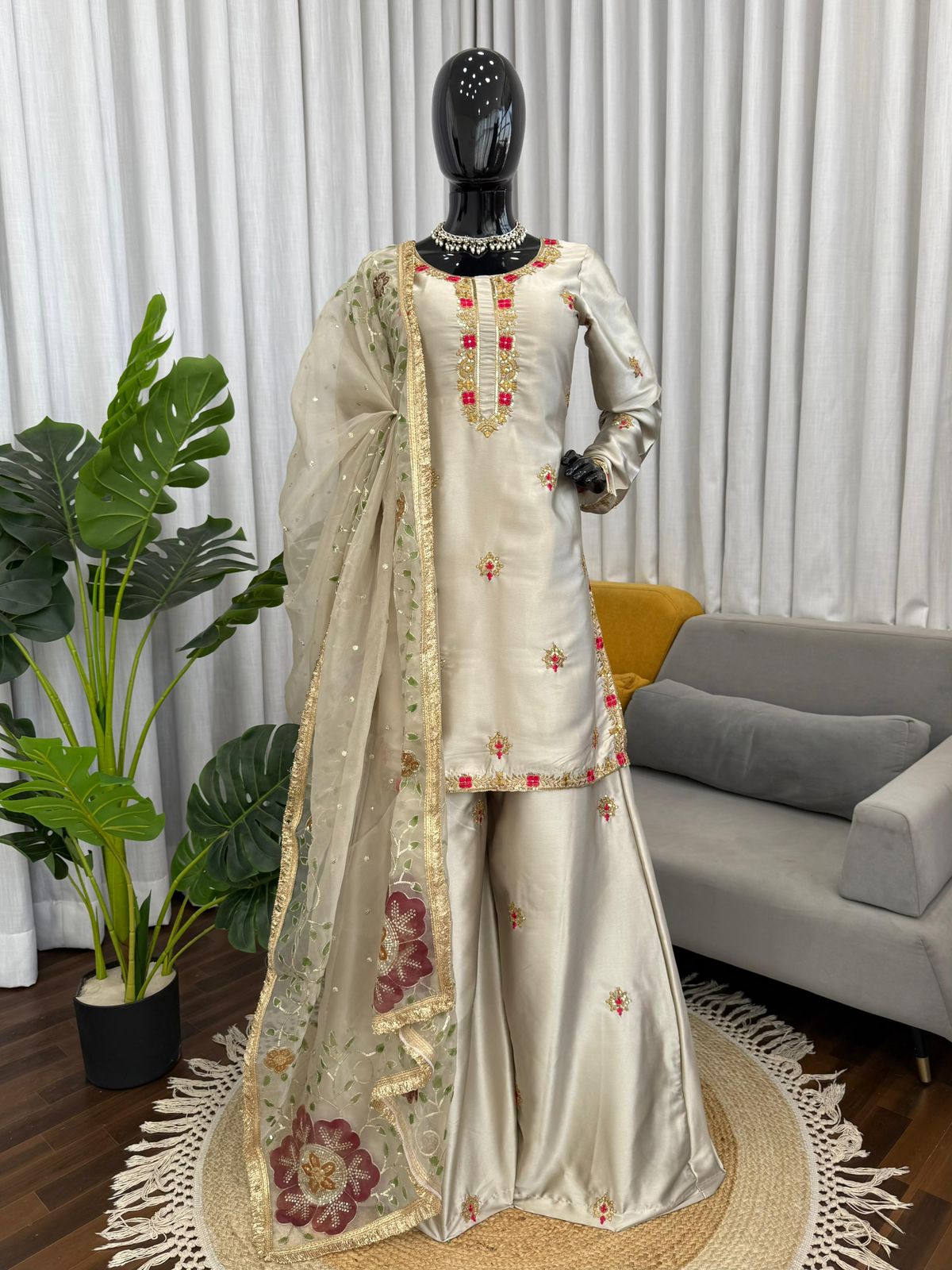 Stylish Satin Silk Kurti Set with Brush Print Dupatta