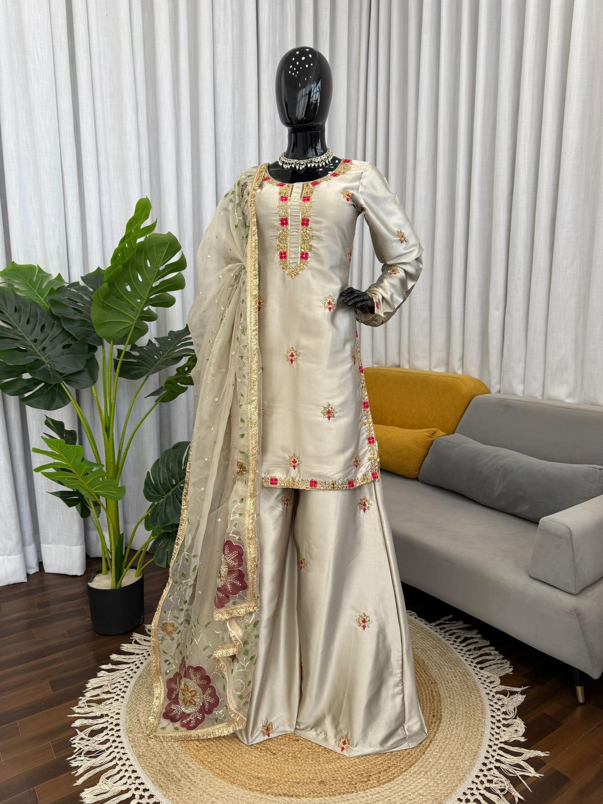 Stylish Satin Silk Kurti Set with Brush Print Dupatta