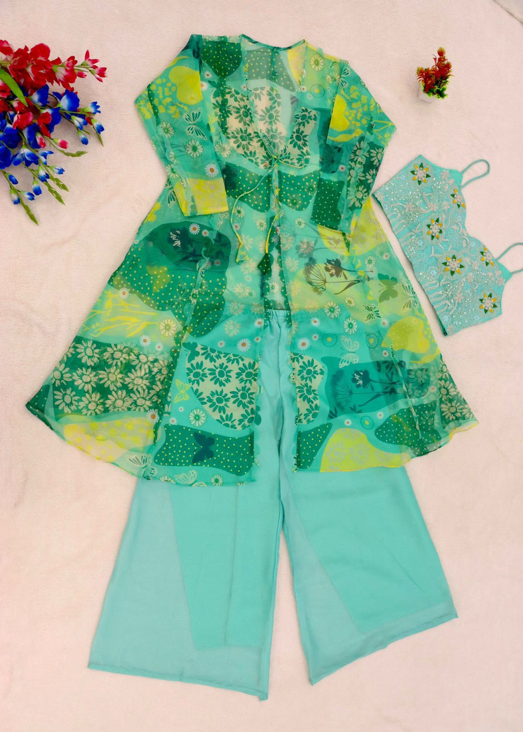 Designer Star Georgette Ethnic Set with Shrug
