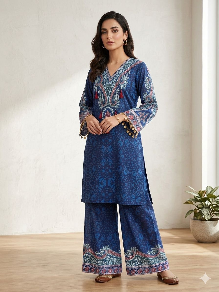 Designer Printed Crepe Silk Kurti Palazzo
