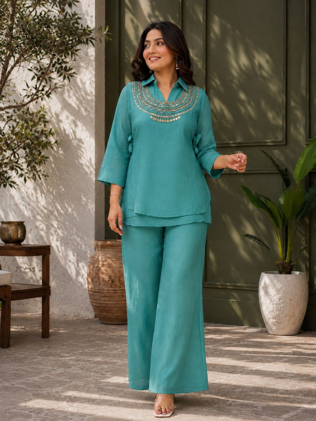 Women’s Gold Crush Indo-Western Kurti Palazzo Koti Set