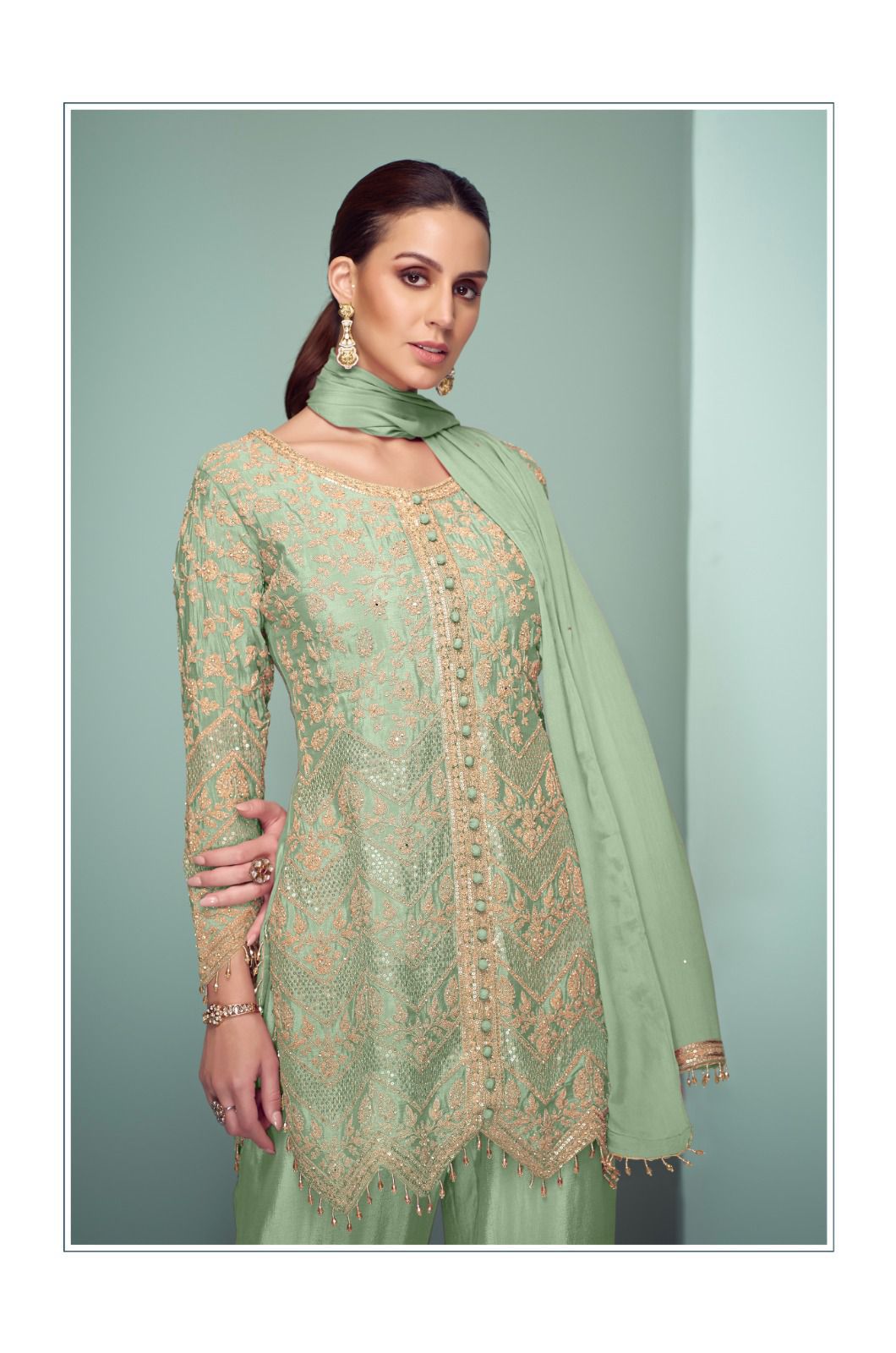 Real Chinon Embroidered Plazo Suit Set (Yellow & Mint Green)