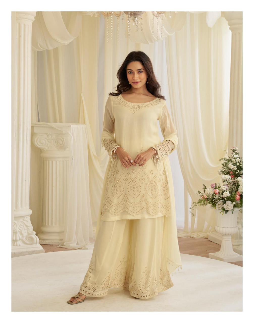Ivory Chikankari Embroidered Kurta Palazzo Suit