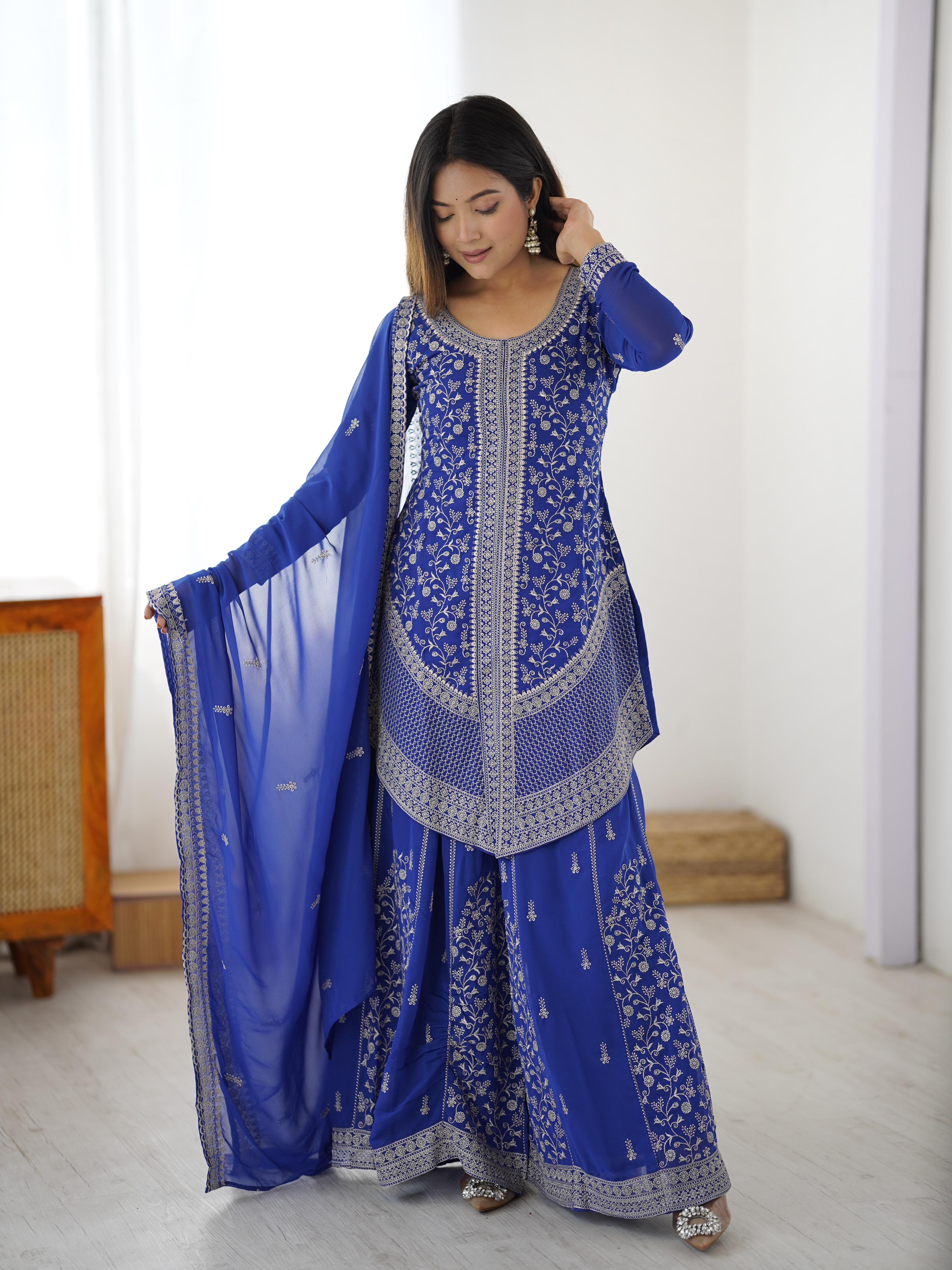 Faux Georgette & Chinon Silk Suit Set – Embroidered