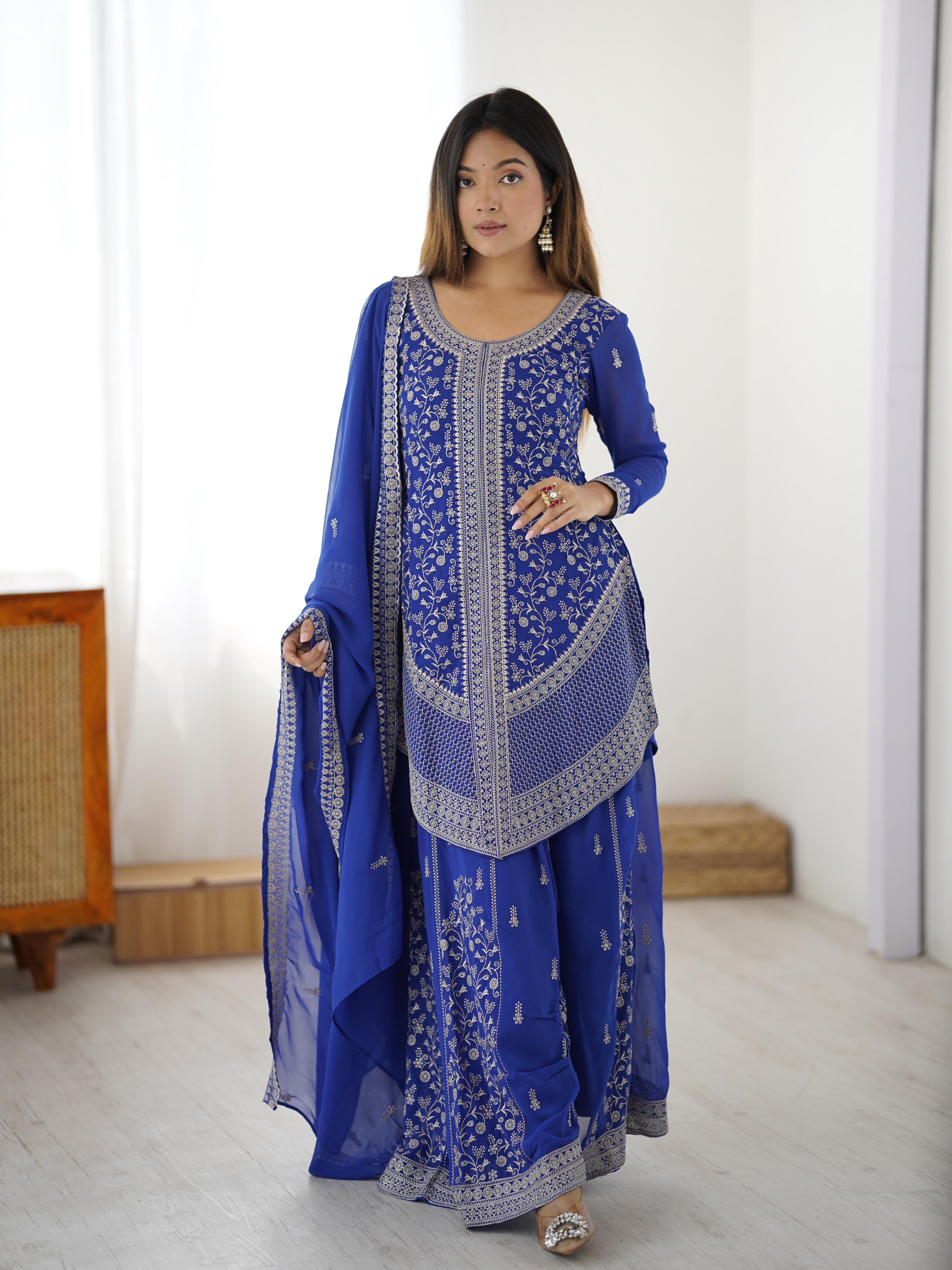 Faux Georgette & Chinon Silk Suit Set – Embroidered