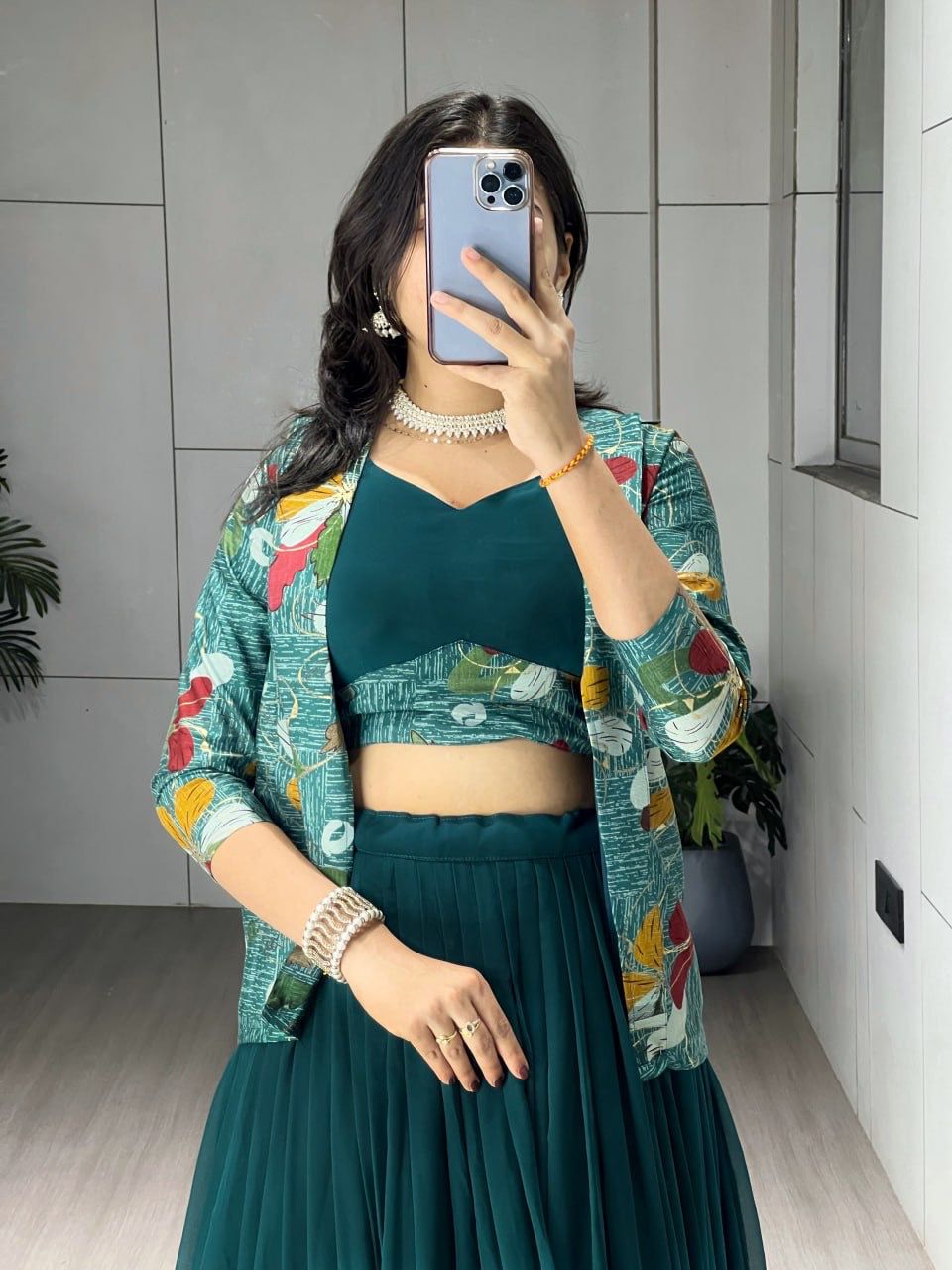 Georgette Chanderi Foil Printed Lehenga Set