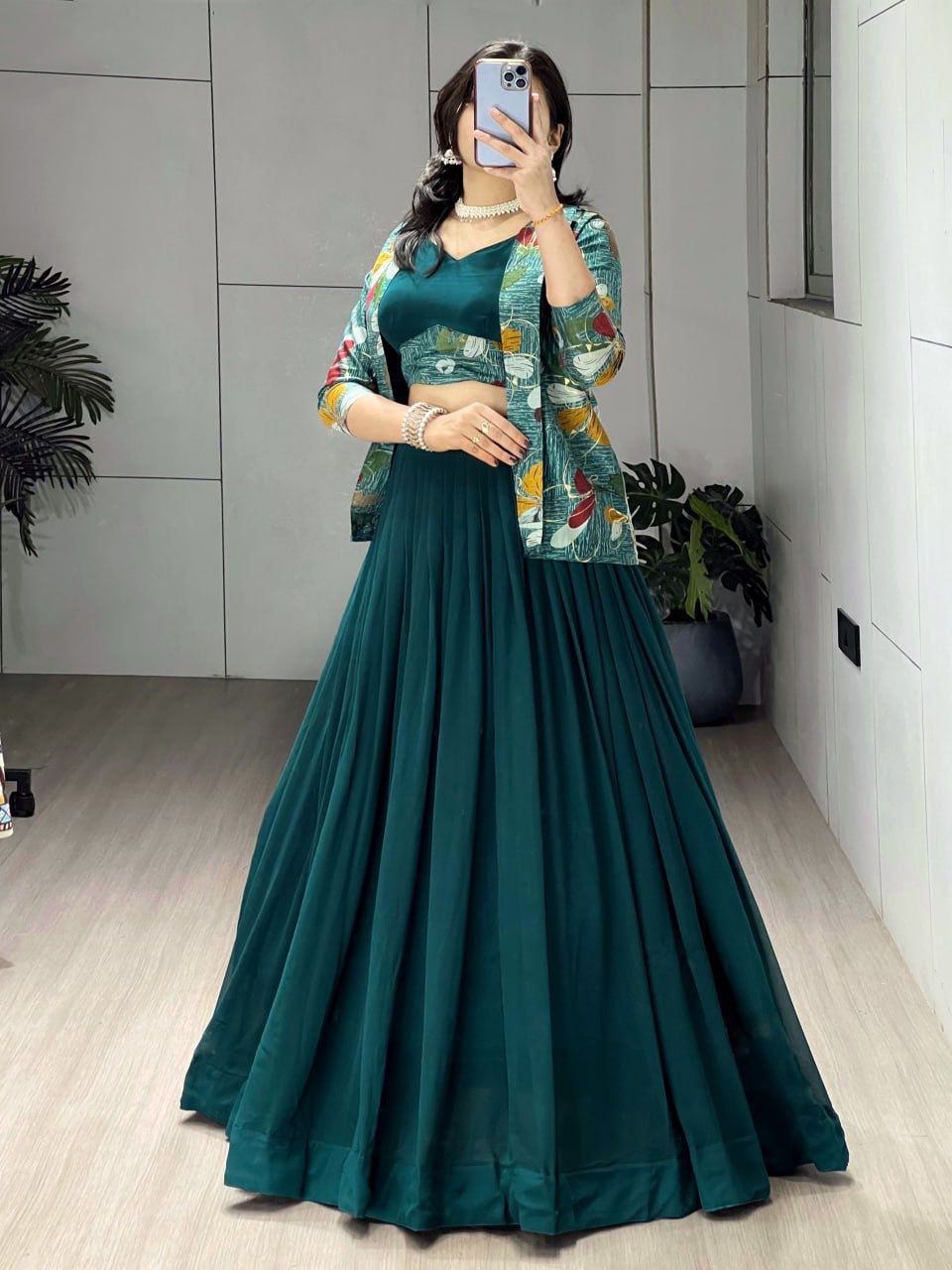 Georgette Chanderi Foil Printed Lehenga Set