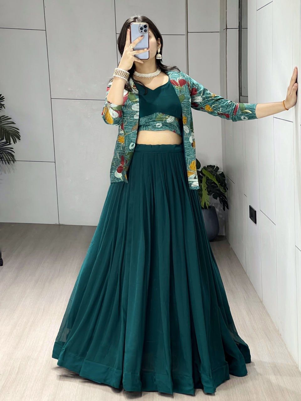 Georgette Chanderi Foil Printed Lehenga Set