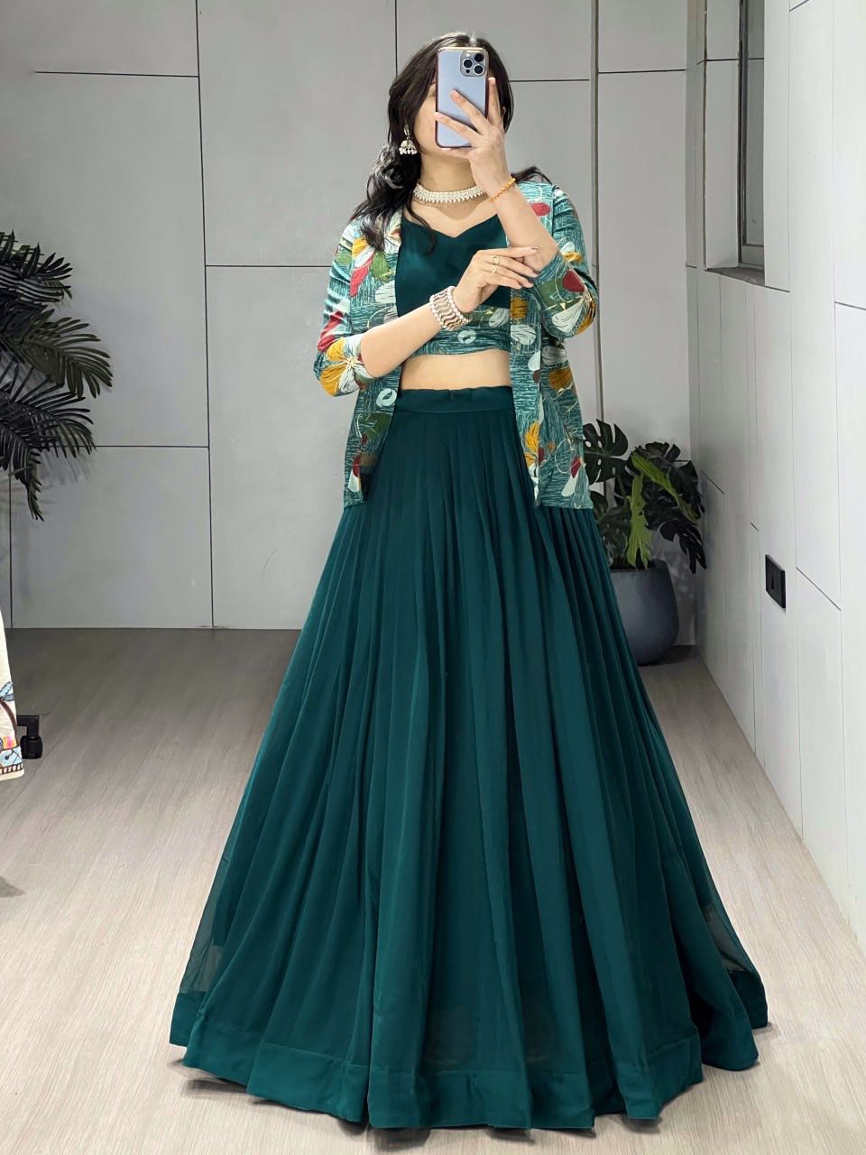 Georgette Chanderi Foil Printed Lehenga Set
